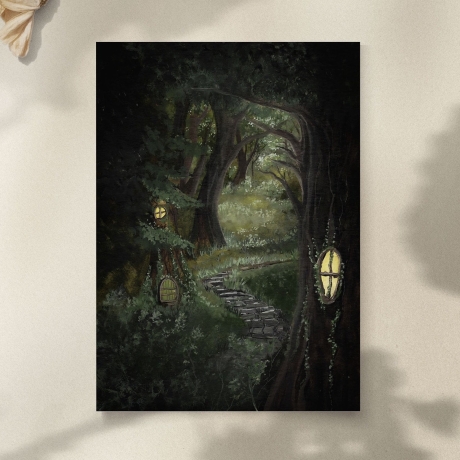 Aquarellkunst   ~ Düsterer Waldpfad -Fantasy - Umweltfreundlicher Druck ~ Watercolor