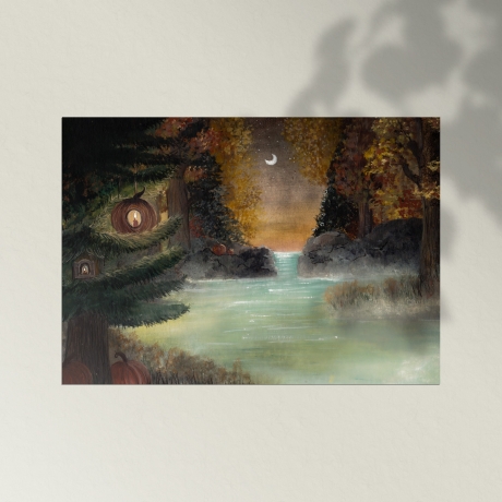 Aquarellkunst   ~ Nebelige Herbstnacht -Fantasy - Umweltfreundlicher Druck ~ Watercolor
