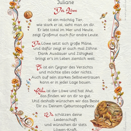 Geschenk Karte Urkunde Sternzeichen Löwe, Zeichnung mit humorvollem Gedicht, A4 Bild-Präsent für Löwen, persönlich durch Wunschtext