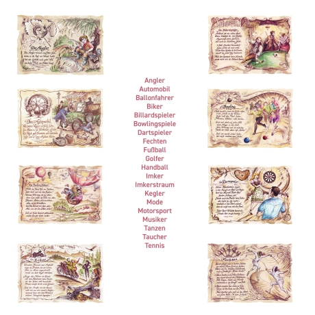 Geschenk Karte für verschiedene Hobbies, Zeichnung mit humorvollem Gedicht, A4 Bild-Präsent, 19 Motive für Hobbies