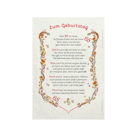 Geschenk Karte Urkunde 65. Geburtstag, Zeichnung mit humorvollem Gedicht, A4 Bild-Präsent