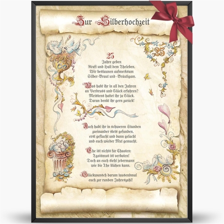 Geschenk Karte Urkunde Silberne Hochzeit, Zeichnung mit humorvollem Gedicht, A4 Bild-Präsent