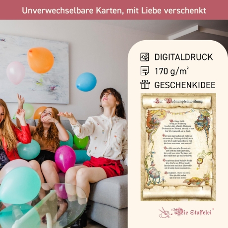Geschenk Karte Urkunde Wohnungseinweihung, Zeichnung mit humorvollem Gedicht, A4 Bild-Präsent