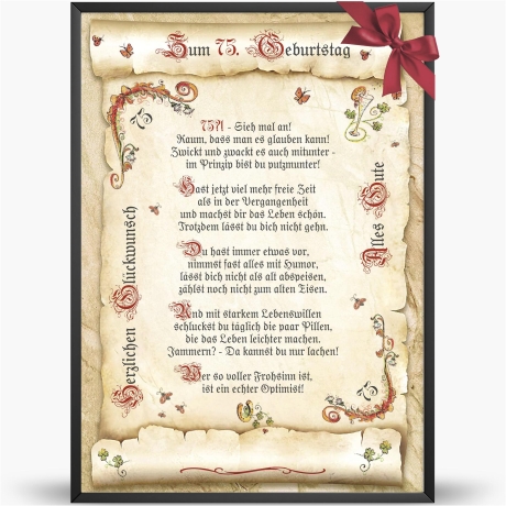 Geschenk Karte Urkunde 75. Geburtstag, Zeichnung mit humorvollem Gedicht, A4 Bild-Präsent