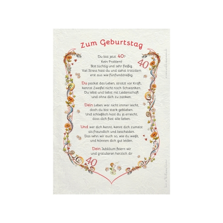 Geschenk Karte Urkunde 40. Geburtstag, Zeichnung mit humorvollem Gedicht, A4 Bild-Präsent