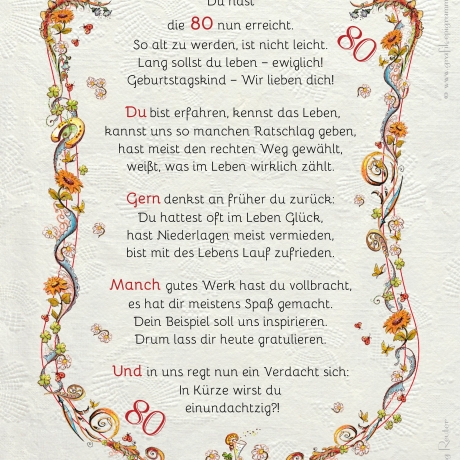 Geschenk Karte Urkunde 80. Geburtstag, Zeichnung mit humorvollem Gedicht, A4 Bild-Präsent