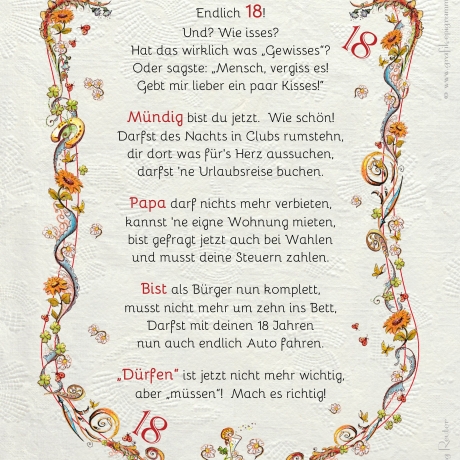 Geschenk Karte Urkunde 18. Geburtstag, Zeichnung mit humorvollem Gedicht, A4 Bild-Präsent