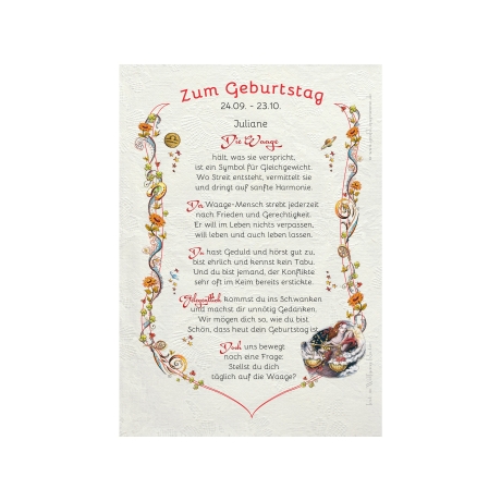 Geschenk Karte Urkunde Sternzeichen Waage, Zeichnung mit humorvollem Gedicht, A4 Bild-Präsent, persönlich durch Wunschtext
