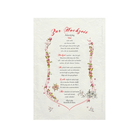 Geschenk Urkunde Hochzeit, Zeichnung mit humorvollem Gedicht, Bild-Präsent für die Heiratenden, persönlich durch Wunschtext