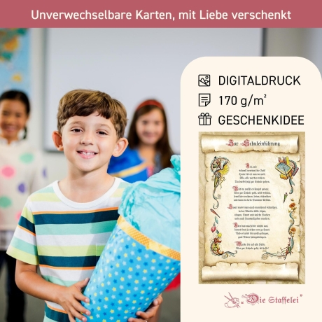 Geschenk Karte Urkunde zur Schuleinführung, Zeichnung mit humorvollem Gedicht, A4 Bild-Präsent