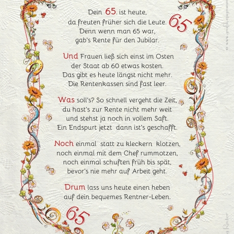 Geschenk Karte Urkunde 65. Geburtstag, Zeichnung mit humorvollem Gedicht, A4 Bild-Präsent