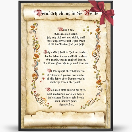 Geschenk Karte Urkunde zur Verabschiedung in die Rente, Zeichnung mit humorvollem Gedicht, A4 Bild-Präsent