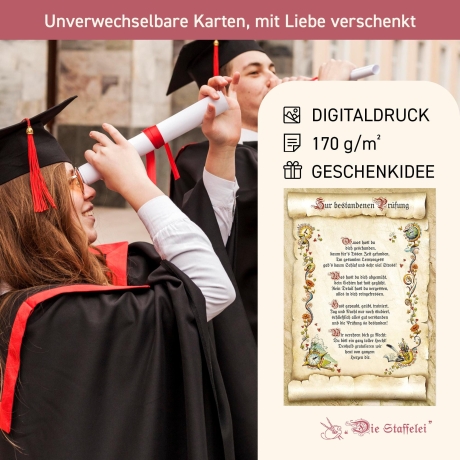 Geschenk Karte Urkunde zur bestandenen Prüfung, Zeichnung mit humorvollem Gedicht, A4 Bild-Präsent