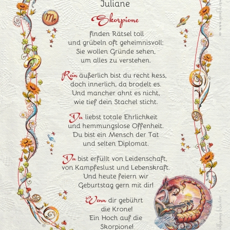 Geschenk Karte Urkunde Sternzeichen Skorpion, Zeichnung mit humorvollem Gedicht, A4 Bild-Präsent für Skorpione, persönlich durch Wunschtext