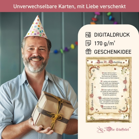 Geschenk Karte Urkunde 50. Geburtstag, Zeichnung mit humorvollem Gedicht, A4 Bild-Präsent