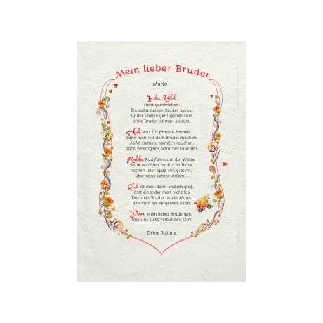 Geschenk Urkunde Mein lieber Bruder, Zeichnung mit humorvollem Gedicht, Bild-Präsent für den Bruder Bruderherz, persönlich durch Wunschtext
