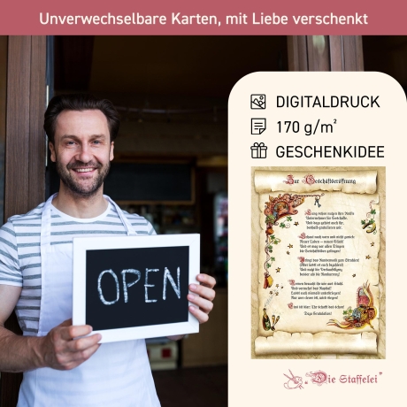 Geschenk Karte Urkunde Geschäftseröffnung, Zeichnung mit humorvollem Gedicht, A4 Bild-Präsent