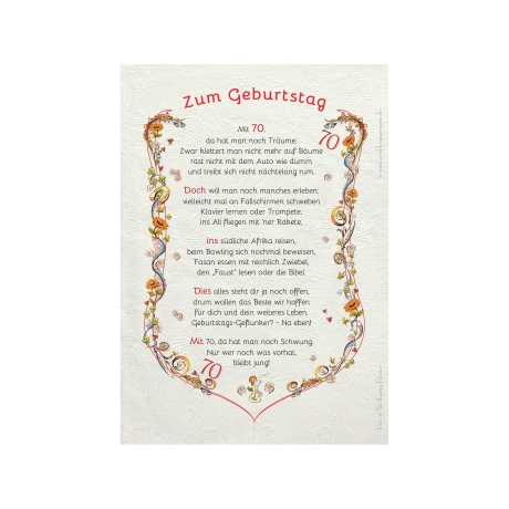 Geschenk Karte Urkunde 70. Geburtstag, Zeichnung mit humorvollem Gedicht, A4 Bild-Präsent