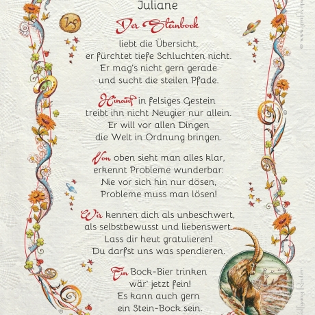 Geschenk Karte Urkunde Sternzeichen Steinbock, Zeichnung mit humorvollem Gedicht, A4 Bild-Präsent, persönlich durch Wunschtext