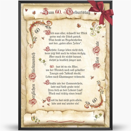 Geschenk Karte Urkunde 60. Geburtstag, Zeichnung mit humorvollem Gedicht, A4 Bild-Präsent