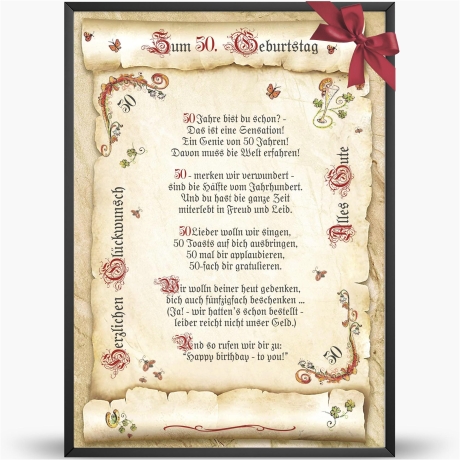 Geschenk Karte Urkunde 50. Geburtstag, Zeichnung mit humorvollem Gedicht, A4 Bild-Präsent