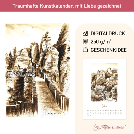Kunst - Kalender Sächsische Schweiz 2027 mit Tusche-Zeichnungen