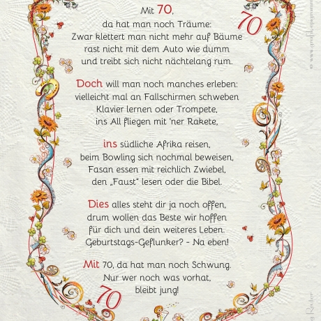 Geschenk Karte Urkunde 70. Geburtstag, Zeichnung mit humorvollem Gedicht, A4 Bild-Präsent