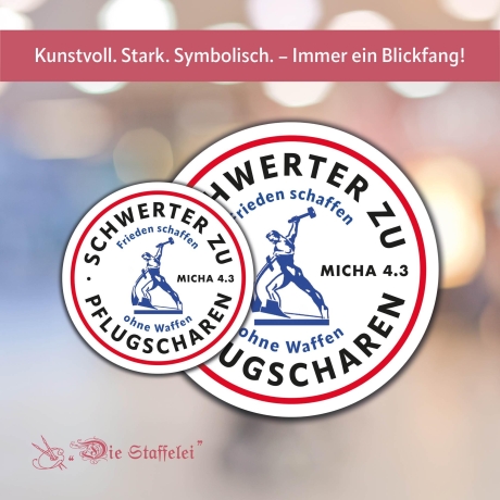 Die Staffelei Sticker „Schwerter zu Pflugscharen - Frieden schaffen ohne Waffen“ / selbstklebende Aufkleber in verschiedenen Ausführungen