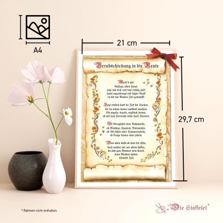 Geschenk Karte Urkunde zur Verabschiedung in die Rente, Zeichnung mit humorvollem Gedicht, A4 Bild-Präsent