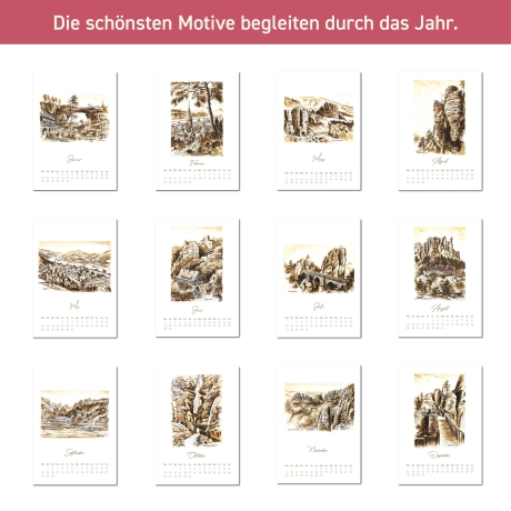 Kunst - Kalender Sächsische Schweiz 2027 mit Tusche-Zeichnungen