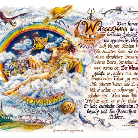 Geschenk Karte Sternzeichen Wassermann, Zeichnung mit Spruchtext, A4 Bild-Präsent