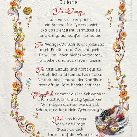 Geschenk Karte Urkunde Sternzeichen Waage, Zeichnung mit humorvollem Gedicht, A4 Bild-Präsent, persönlich durch Wunschtext
