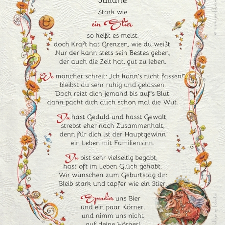 Geschenk Karte Urkunde Sternzeichen Stier, Zeichnung mit humorvollem Gedicht, A4 Bild-Präsent, persönlich durch Wunschtext
