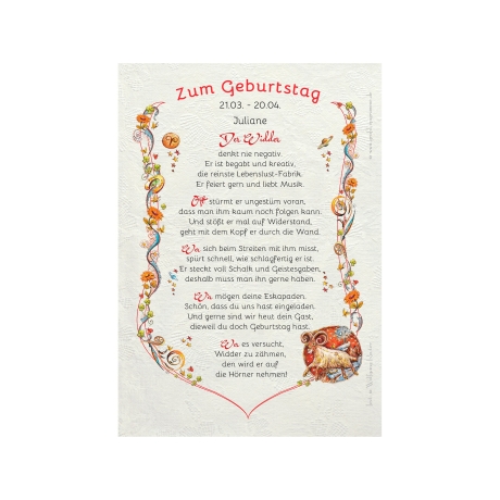 Geschenk Karte Urkunde Sternzeichen Widder, Zeichnung mit humorvollem Gedicht, A4 Bild-Präsent, persönlich durch Wunschtext