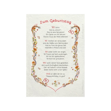 Geschenk Karte Urkunde 50. Geburtstag, Zeichnung mit humorvollem Gedicht, A4 Bild-Präsent