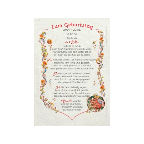Geschenk Karte Urkunde Sternzeichen Stier, Zeichnung mit humorvollem Gedicht, A4 Bild-Präsent, persönlich durch Wunschtext