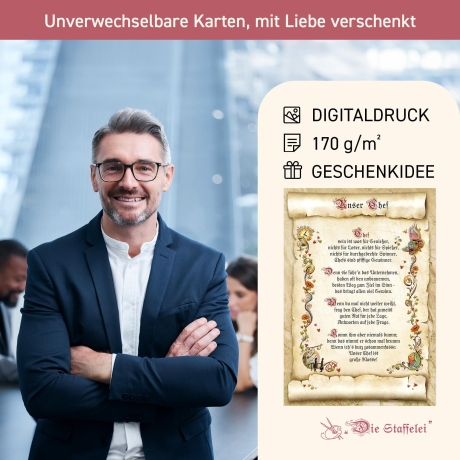 Geschenk Karte Urkunde Chef, Zeichnung mit humorvollem Gedicht, A4 Bild-Präsent