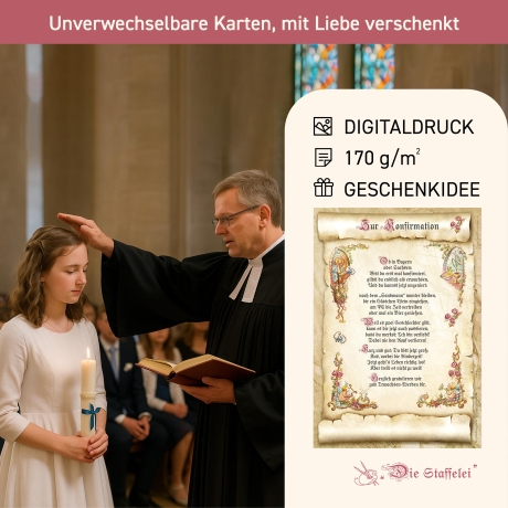 Geschenk Karte Urkunde Konfirmation, Zeichnung mit humorvollem Gedicht, A4 Bild-Präsent