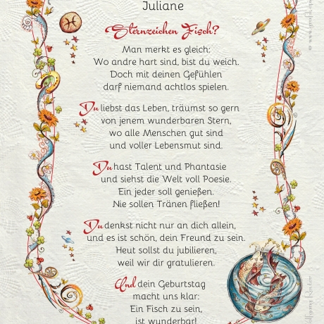 Geschenk Karte Urkunde Sternzeichen Fische, Zeichnung mit humorvollem Gedicht, A4 Bild-Präsent für Fische, persönlich durch Wunschtext