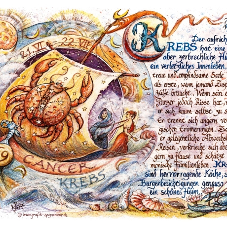 Geschenk Karte Sternzeichen Krebs, Zeichnung mit Spruchtext, A4 Bild-Präsent