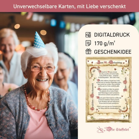 Geschenk Karte Urkunde 80. Geburtstag, Zeichnung mit humorvollem Gedicht, A4 Bild-Präsent