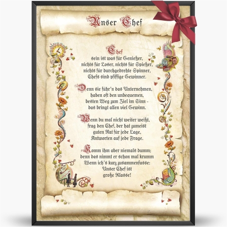 Geschenk Karte Urkunde Chef, Zeichnung mit humorvollem Gedicht, A4 Bild-Präsent