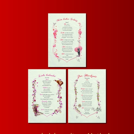 Geschenk Urkunde Liebe ist, Zeichnung mit humorvollem Gedicht, Bild-Präsent für den Partner, persönlich durch Wunschtext