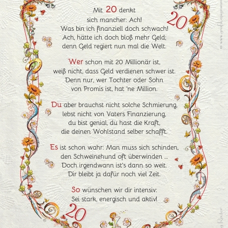 Geschenk Karte Urkunde 20. Geburtstag, Zeichnung mit humorvollem Gedicht, A4 Bild-Präsent