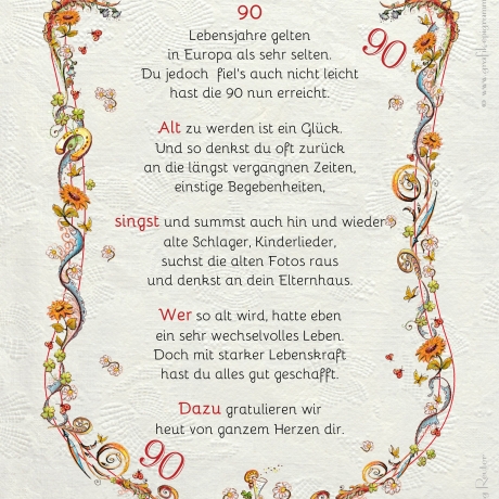 Geschenk Karte Urkunde 90. Geburtstag, Zeichnung mit humorvollem Gedicht, A4 Bild-Präsent
