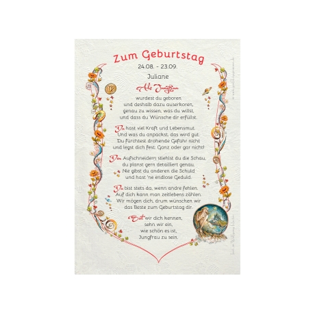 Geschenk Karte Urkunde Sternzeichen Jungfrau, Zeichnung mit humorvollem Gedicht, A4 Bild-Präsent für Jungfrauen, persönlich durch Wunschtext