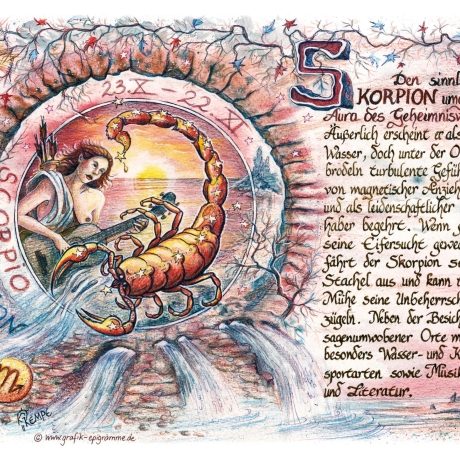 Geschenk Karte Sternzeichen Skorpion, Zeichnung mit Spruchtext, A4 Bild-Präsent