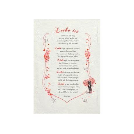 Geschenk Urkunde Liebe ist, Zeichnung mit humorvollem Gedicht, Bild-Präsent für den Partner, persönlich durch Wunschtext