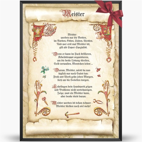 Geschenk Karte Urkunde Meister, Zeichnung mit humorvollem Gedicht, A4 Bild-Präsent