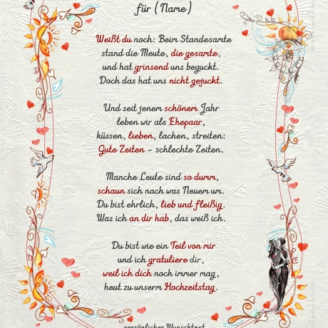 Geschenk Urkunde Hochzeitstag, Zeichnung mit humorvollem Gedicht, Bild-Präsent für das Paar, persönlich durch Wunschtext